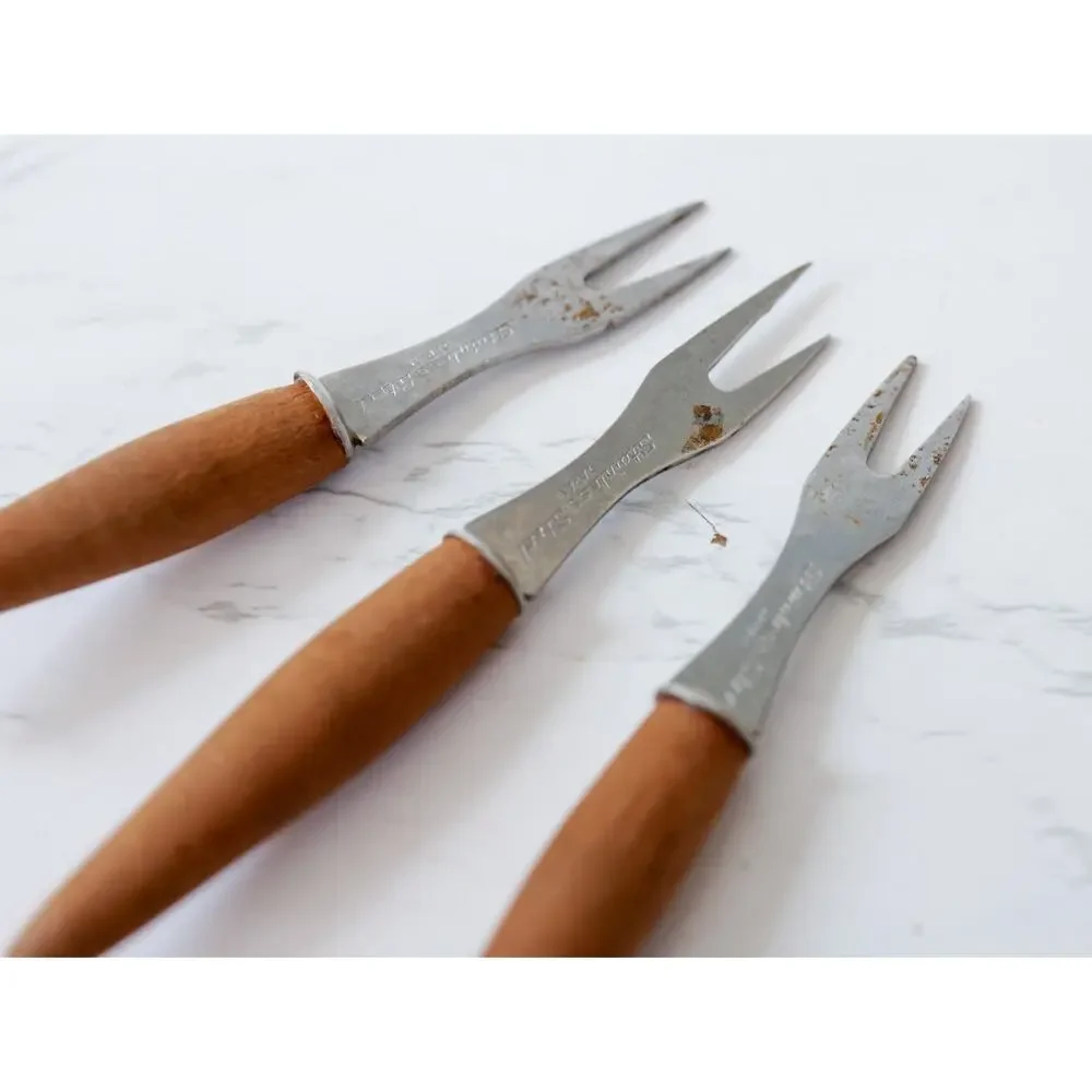 VTG Wood Cocktail Appetizer Fork Set of 8 Japan Midcentury Retro Tiki Party Bar
